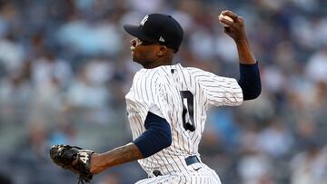 NEW YORK, NEW YORK - MAY 11: Domingo German #0 of the New York Yankees delivers a pitch in the first inning against the Tampa Bay Rays at Yankee Stadium on May 11, 2023 in Bronx borough of New York City.   Elsa/Getty Images/AFP (Photo by ELSA / GETTY IMAGES NORTH AMERICA / Getty Images via AFP)