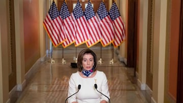 US Speaker of the House Nancy Pelosi, Democrat of California, arrives to speak about The Heroes Act, a $3 trillion bill to aid in recovery from the coronavirus pandemic, at the US Capitol in Washington, DC, May 12, 2020. (Photo by SAUL LOEB / AFP)