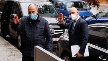 President of the Spanish Soccer Federation (RFEF), Luis Rubiales (d), and President of LaLiga, Javier Tebas (L), arrive to meet with President of Spanish Superior Sports Council (CSD), Irene Lozano (not pictured), to sign an agreement to create a Good Beh