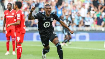 Aug 8, 2023; St. Paul, MN, USA; Minnesota United midfielder Joseph Rosales (8) celebrates his goal against the Toluca during the first half at Allianz Field. Mandatory Credit: Matt Krohn-USA TODAY Sports