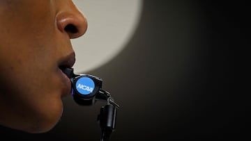 GREENVILLE, SOUTH CAROLINA - MARCH 07: The NCAA logo is seen on an official's whistle in the third quarter during the second round of the SEC Women's Basketball Tournament at Bon Secours Wellness Arena on March 07, 2024 in Greenville, South Carolina.   Eakin Howard/Getty Images/AFP (Photo by Eakin Howard / GETTY IMAGES NORTH AMERICA / Getty Images via AFP)