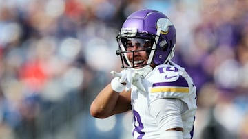 NASHVILLE, TENNESSEE - NOVEMBER 17: Justin Jefferson #18 of the Minnesota Vikings reacts after catching a pass in the second quarter of a game against the Tennessee Titans at Nissan Stadium on November 17, 2024 in Nashville, Tennessee. Andy Lyons/Getty Images/AFP (Photo by ANDY LYONS / GETTY IMAGES NORTH AMERICA / Getty Images via AFP)