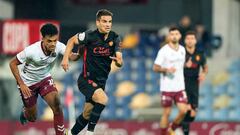 PONTEVEDRA, SPAIN - JANUARY 04:  Alex Masogo of Pontevedra CF competes for the ball with Anigo Ruiz de Galarreta of RCD Mallorca during the Copa del Rey Round of 32 match between Pontevedra CF and RCD Mallorca at Estadio Municipal de Pasaron on January 04, 2023 in Pontevedra, Spain. (Photo by Jose Manuel Alvarez/Quality Sport Images/Getty Images)