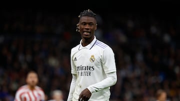 Soccer Football - Copa del Rey - Quarter Final - Real Madrid v Atletico Madrid - Santiago Bernabeu, Madrid, Spain - January 26, 2023 Real Madrid's Eduardo Camavinga reacts REUTERS/Susana Vera