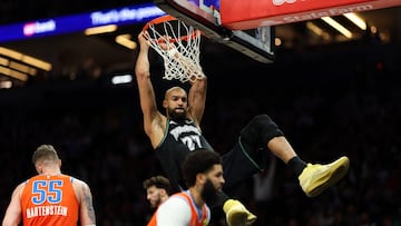 MINNEAPOLIS, MINNESOTA - JANUARY 29: Rudy Gobert #27 of the Minnesota Timberwolves dunks the ball against the Oklahoma City Thunder in the third quarter at Target Center on January 29, 2026 in Minneapolis, Minnesota. The Timberwolves defeated the Thunder 123-111. NOTE TO USER: User expressly acknowledges and agrees that, by downloading and or using this photograph, User is consenting to the terms and conditions of the Getty Images License Agreement. David Berding/Getty Images/AFP (Photo by David Berding / GETTY IMAGES NORTH AMERICA / Getty Images via AFP)
