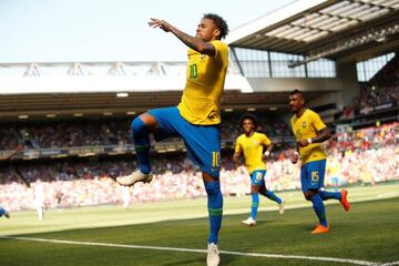 Neymar celebrates scoring against Croatia at Anfield
