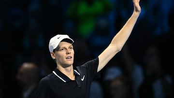 Italy's Jannik Sinner celebrates after winning his match against USA's Taylor Fritz at the ATP Finals tennis tournament in Turin on November 12, 2024. (Photo by Marco BERTORELLO / AFP)