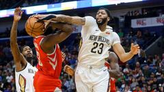 Mar 17, 2018; New Orleans, LA, USA; New Orleans Pelicans forward Anthony Davis (23) blocks a shot by Houston Rockets guard James Harden (13) during the first quarter at the Smoothie King Center. Mandatory Credit: Derick E. Hingle-USA TODAY Sports     TPX IMAGES OF THE DAY