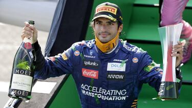 Formula One F1 - Italian Grand Prix - Autodromo Nazionale Monza, Monza, Italy - September 6, 2020 McLaren's Carlos Sainz Jr. poses as he celebrates finishing second in the Italian Grand Prix Pool via REUTERS/Luca Bruno