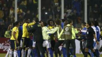 Colombian players confront Brazil players (in blue) at the end of their first round Copa America 2015 soccer match at Estadio Monumental David Arellano in Santiago, Chile, June 17, 2015. REUTERS/Carlos Garcia Rawlins
