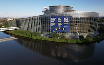 A drone view shows the European Parliament building in Strasbourg, France, May 25, 2024. REUTERS/Christian Hartmann
