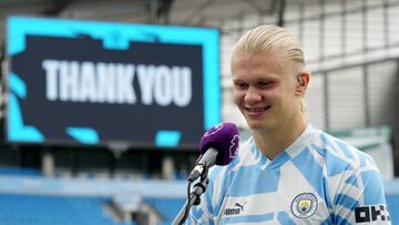 Haaland, durante un acto promocional con el City.