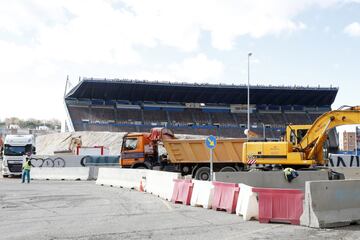 The half-demolished Vicente Calderón stadium pictured during the first week of November with the M-30 diverted past the main stand.