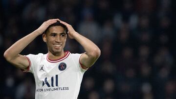 (FILES) In this file photo taken on April 20, 2022 Paris Saint-Germain's Moroccan defender Achraf Hakimi reacts during the French L1 football match between Angers SCO and Paris Saint-Germain at the Raymond-Kopa Stadium in Angers, north-western France. - Paris Saint-Germain's Moroccan defender Achraf Hakimi is charged with rape, prosecutors told AFP on March 3, 2023. (Photo by LOIC VENANCE / AFP)