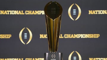 Jan 7, 2024; Houston, TX, USA; The College Football National Championship trophy at the CFP National Championship Head Coaches press conference at JW Marriot Houston by the Galleria. Mandatory Credit: Kirby Lee-USA TODAY Sports