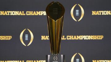 Jan 7, 2024; Houston, TX, USA; The College Football National Championship trophy at the CFP National Championship Head Coaches press conference at JW Marriot Houston by the Galleria. Mandatory Credit: Kirby Lee-USA TODAY Sports