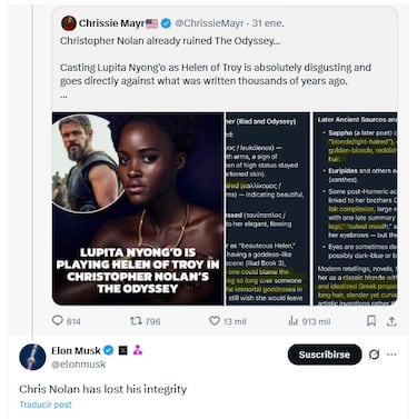 Elon Musk explota contra ‘La Odisea’ de Nolan por el rumor de que Lupita Nyong’o será Helena de Troya