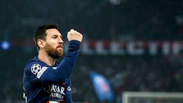 PARIS, FRANCE - OCTOBER 25: Lionel Messi #30 of Paris Saint-Germain celebrates his goal during the UEFA Champions League group H match between Paris Saint-Germain and Maccabi Haifa FC at Parc des Princes on October 25, 2022 in Paris, France. (Photo by Catherine Steenkeste/Getty Images)