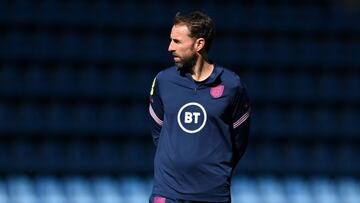 ANDORRA LA VELLA, ANDORRA - OCTOBER 08: Gareth Southgate, Manager of England looks on during a training session at Estadi Nacional on October 08, 2021 in Andorra la Vella, Andorra. (Photo by Michael Regan/Getty Images)