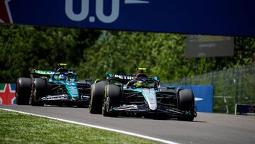 Imola (Italy), 17/05/2024.- Mercedes driver Lewis Hamilton of Britain (R) and Aston Martin driver Fernando Alonso of Spain (L) in action during a practice session for the Formula One Grand Prix of the Emilia Romagna in Imola, Italy, 17 May 2024. The 2024 Formula 1 Grand Prix of the Emilia Romagna is held at the Autodromo Internazionale Enzo e Dino Ferrari racetrack on 19 May. (Fórmula Uno, Italia, España, Reino Unido) EFE/EPA/DANILO DI GIOVANNI