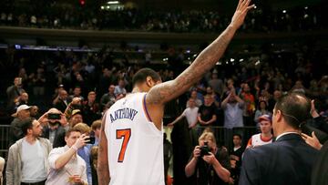 NEW YORK, NY - APRIL 12: Carmelo Anthony #7 of the New York Knicks waves to the fans as he walks off the court after the 114-113 win over the Philadelphia 76ers at Madison Square Garden on April 12, 2017 in New York City. NOTE TO USER: User expressly acknowledges and agrees that, by downloading and or using this Photograph, user is consenting to the terms and conditions of the Getty Images License Agreement   Elsa/Getty Images/AFP
 == FOR NEWSPAPERS, INTERNET, TELCOS &amp; TELEVISION USE ONLY ==