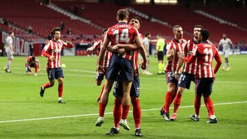 MADRID, SPAIN - MARCH 10: Marcos Llorente of Atletico de Madrid celebrates with team mate Felipe after scoring their side's first goal during the La Liga Santander match between Atletico de Madrid and Athletic Club at Estadio Wanda Metropolitano on M