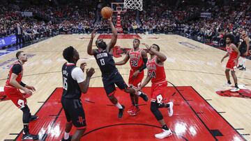 Nov 9, 2019; Chicago, IL, USA; Houston Rockets guard James Harden (13) shoots against the Chicago Bulls during the first half at United Center. Mandatory Credit: Kamil Krzaczynski-USA TODAY Sports