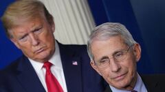 (FILES) In this file photo taken on April 22, 2020, Director of the National Institute of Allergy and Infectious Diseases Anthony Fauci, flanked by US President Donald Trump, speaks during the daily briefing on the novel coronavirus at the White House in 