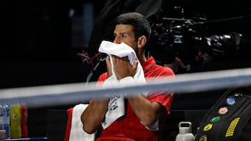 Tennis - Six Kings Slam - ANB Arena, Riyadh, Saudi Arabia - October 16, 2025 Serbia's Novak Djokovic reacts during his semi final match against Italy's Jannik Sinner REUTERS/Stringer