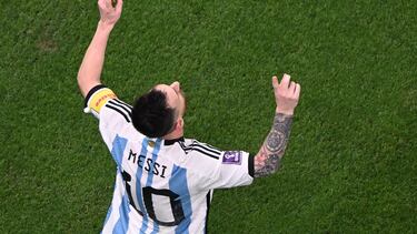 Argentina's forward #10 Lionel Messi celebrates scoring his team's first goal during the Qatar 2022 World Cup football semi-final match between Argentina and Croatia at Lusail Stadium in Lusail, north of Doha on December 13, 2022. (Photo by Kirill KUDRYAVTSEV / AFP)