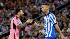 Soccer Football - CONCACAF Champions Cup - Quarter Final - Second Leg - Monterrey v Inter Miami - Estadio BBVA, Monterrey, Mexico - April 10, 2024 Inter Miami's Lionel Messi and Monterrey's Sergio Canales react REUTERS/Daniel Becerril