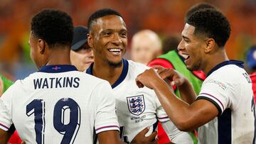 (From L) England's forward #19 Ollie Watkins, England's defender #14 Ezri Konsa and England's midfielder #10 Jude Bellingham celebrate at the end of the UEFA Euro 2024 semi-final football match between the Netherlands and England at the BVB Stadion in Dortmund on July 10, 2024. (Photo by Odd ANDERSEN / AFP)