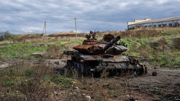 KUNIE, UKRAINE - OCTOBER 14: A destroyed tank is pictured near a farm on October 14, 2022 in Kunie, Kharkiv oblast, Ukraine. Russia's President Vladimir Putin stated today that there is no need for more massive strikes on Ukraine following the heaviest bombardment of the country since the war began. (Photo by Carl Court/Getty Images)