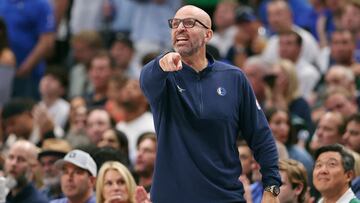 Jun 14, 2024; Dallas, Texas, USA; Dallas Mavericks head coach Jason Kidd gestures against the Boston Celtics during the first quarter during game four of the 2024 NBA Finals at American Airlines Center. Mandatory Credit: Peter Casey-USA TODAY Sports