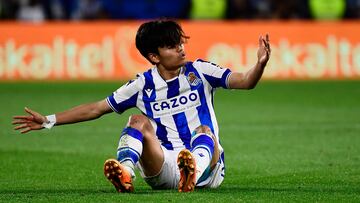 Real Sociedad's Japanese forward Takefusa Kubo reacts after a fall during the Spanish league football match between Real Sociedad and UD Almeria at the Reale Arena stadium in San Sebastian on May 23, 2023. (Photo by ANDER GILLENEA / AFP)