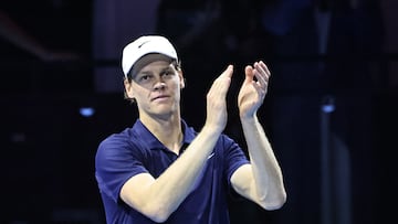 Italy's Jannik Sinner celebrates after defeating Spain's Carlos Alcaraz in the final the Six Kings Slam exhibition tennis tournament in Riyadh on October 18, 2025. (Photo by Fayez NURELDINE / AFP)