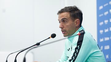 LEGANÉS (MADRID), 29/10/2024.- El entrenador del Leganés, Borja Jiménez, ofrece una rueda de prensa, este martes, un día antes del partido de Copa del Rey contra el Ciudad de Lucena. EFE/ Mariscal