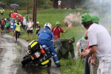 A police motor cycle looses its gripping in today's wet conditions.