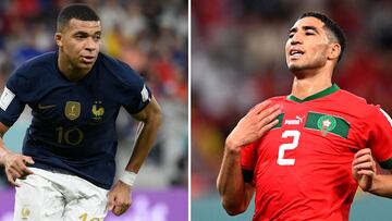 This combination picture made on December 12, 2022 shows France's forward Kylian Mbappe Morocco's defender Achraf Hakimi in Doha on December 6, 2022 and  during the Qatar 2022 World Cup football tournament. - France will play Morocco in the Qatar 2022 World Cup football semi-final match in Doha on December 14, 2022. (Photo by Kirill KUDRYAVTSEV and Franck FIFE / AFP)