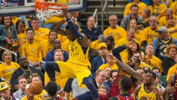 Victor Oladipo machaca ante LeBron James.