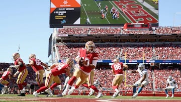 SANTA CLARA, CA - SEPTEMBER 16: Jimmy Garoppolo #10 of the San Francisco 49ers drops back to pass the ball against the Detroit Lions at Levi&#039;s Stadium on September 16, 2018 in Santa Clara, California.   Ezra Shaw/Getty Images/AFP
 == FOR NEWSPAPERS, INTERNET, TELCOS &amp; TELEVISION USE ONLY ==