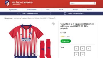 La página de la tienda oficial del Atlético de Madrid con la camiseta para la temporada 2018-19.