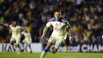 MEX0000. CIUDAD DE MÉXICO (MÉXICO), 14/02/2024.- Jonathan Rodríguez del América celebra un gol este miércoles, durante un juego de la primera fase de la Liga de Campeones de la Concacaf, en el estadio de la Ciudad de los Deportes de la Ciudad de México (México). EFE/Sashenka Gutiérrez
