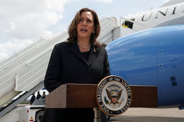 U.S. Vice President Kamala Harris speaks as she departs to return to Washington.