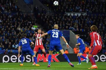 Saúl meets Filipe Luis' cross to head Atlético ahead against Leicester.