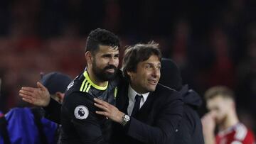 Football Soccer Britain - Middlesbrough v Chelsea - Premier League - The Riverside Stadium - 20/11/16 Chelsea manager Antonio Conte and Diego Costa celebrate after the game Action Images via Reuters / Lee Smith Livepic EDITORIAL USE ONLY.