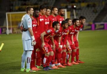 Once del Getafe. De pie: Guaita, Yoda, Vergini, Scepovic, Cala y Pereira. Agachados: Emi, Wanderson, lacen, Sasrbia y Medrán.