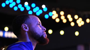 Apr 23, 2023; San Francisco, California, USA; Golden State Warriors guard Stephen Curry (30) stands on the court before game four of the 2023 NBA playoffs against the Sacramento Kings at Chase Center. Mandatory Credit: Darren Yamashita-USA TODAY Sports