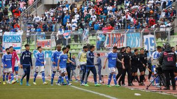 Futbol, Universidad Catolica vs Universidad de Chile.
Cuartos de final, Copa Chile 2022.
Los jugadores de Universidad de Chile se retiran de la cancha durante el partido de vuelta de los cuartos de final de la Copa Chile contra Universidad Catolica realizado en el estadio Elias Figueroa de Valparaiso, Chile.
28/09/2022
Raul Zamora/Photosport

Football, Universidad Catolica vs Universidad de Chile.
2022 Copa Chile Championship.
Universidad de Chile’s players leaves the field during the second leg quarterfinal match of the Copa Chile Championship against Universidad Catolica held at the Elias Figueroa stadium in Valparaiso, Chile.
28/09/2022
Raul Zamora/Photosport