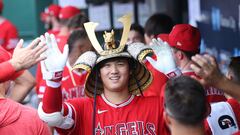 Jun 17, 2023; Kansas City, Missouri, USA; Los Angeles Angels designated hitter Shohei Ohtani (17) is congratulated by teammates after hitting a home run during the seventh inning against the Kansas City Royals at Kauffman Stadium. Mandatory Credit: Scott Sewell-USA TODAY Sports